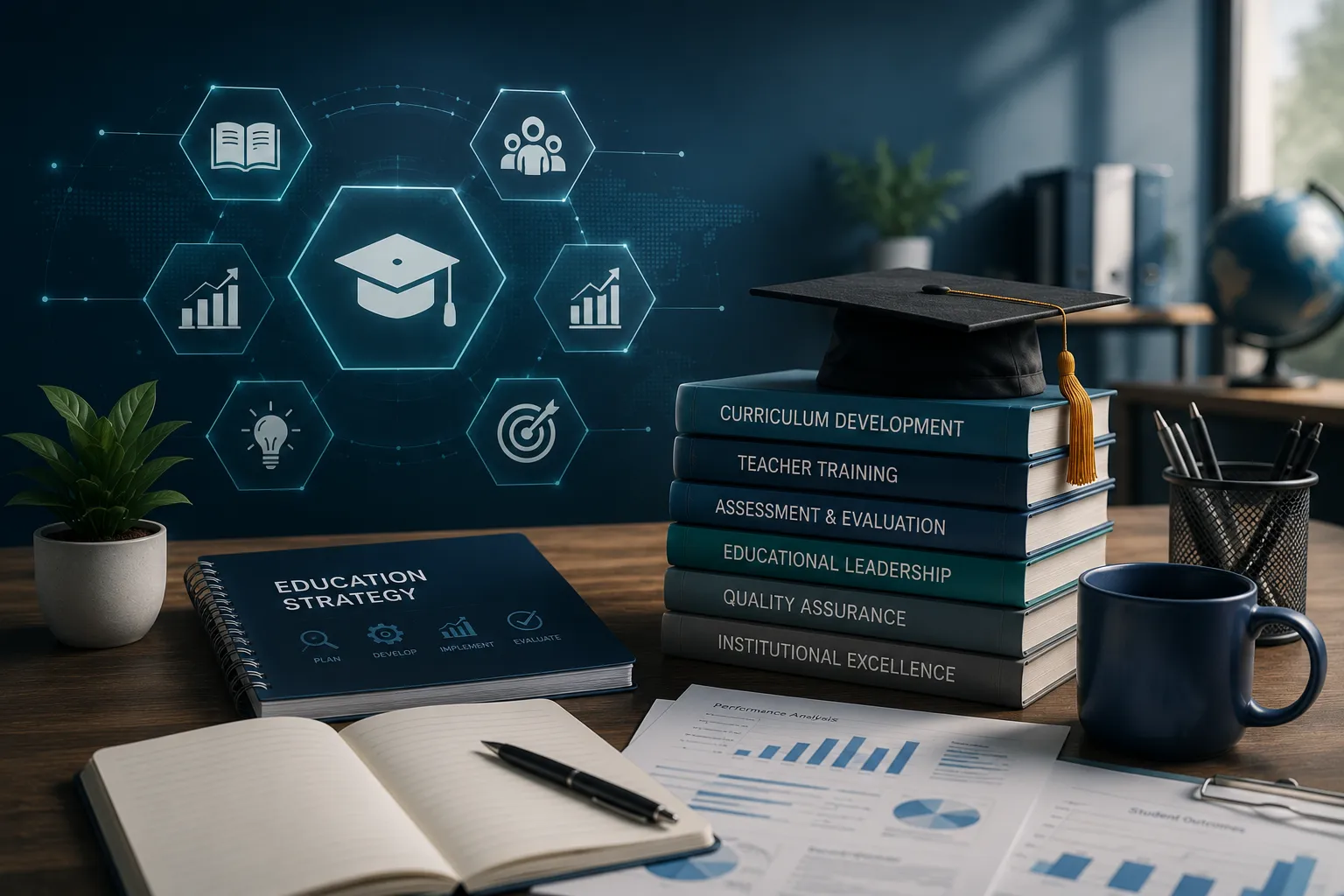 Education strategy workspace with tech elements